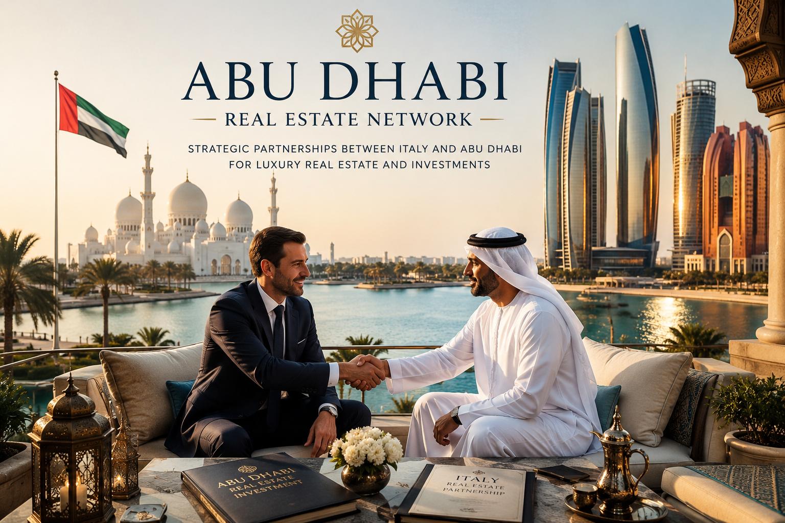 Abu Dhabi UAE skyline and international real estate investment partnership with trusted Italy real estate agency