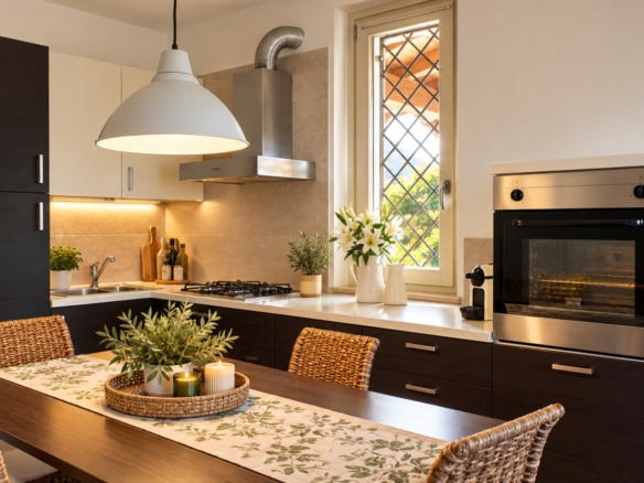 Dining area with wicker chairs, a pendant light and dark kitchen cabinets in a Salò apartment.