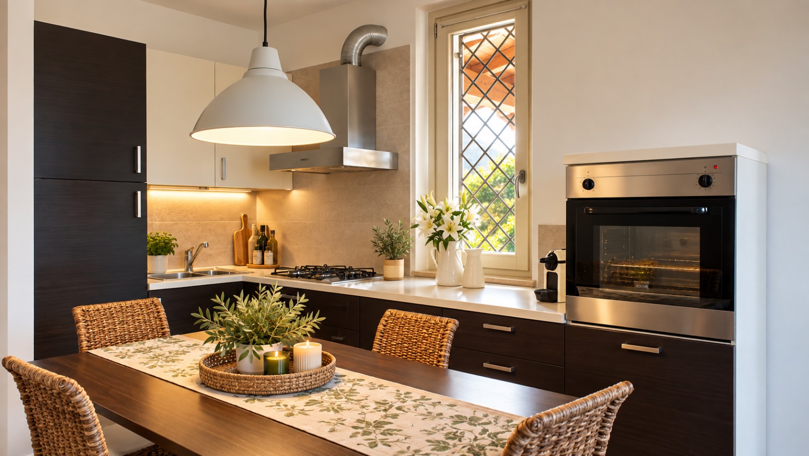 apartment-sale-salo.jpg Dining area with wicker chairs, a pendant light and dark kitchen cabinets in a Salò apartment.