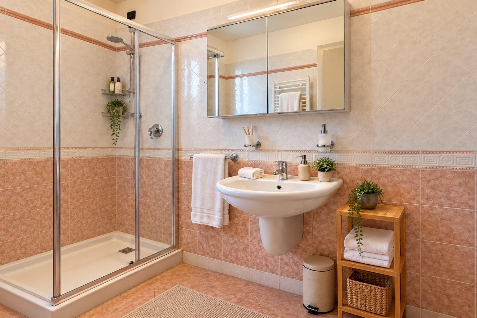 gardasee-wohnung-garage.jpg Bathroom with a glass shower enclosure, white washbasin, mirrored cabinet and pink ceramic tiles.