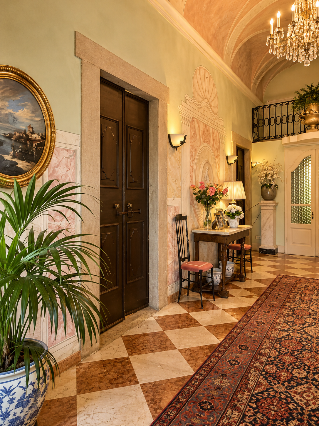 ingresso-villa-storica-vendita.jpg Gemälde an der Gewölbedecke mit Stuckrahmen und goldfarbenen Verzierungen.