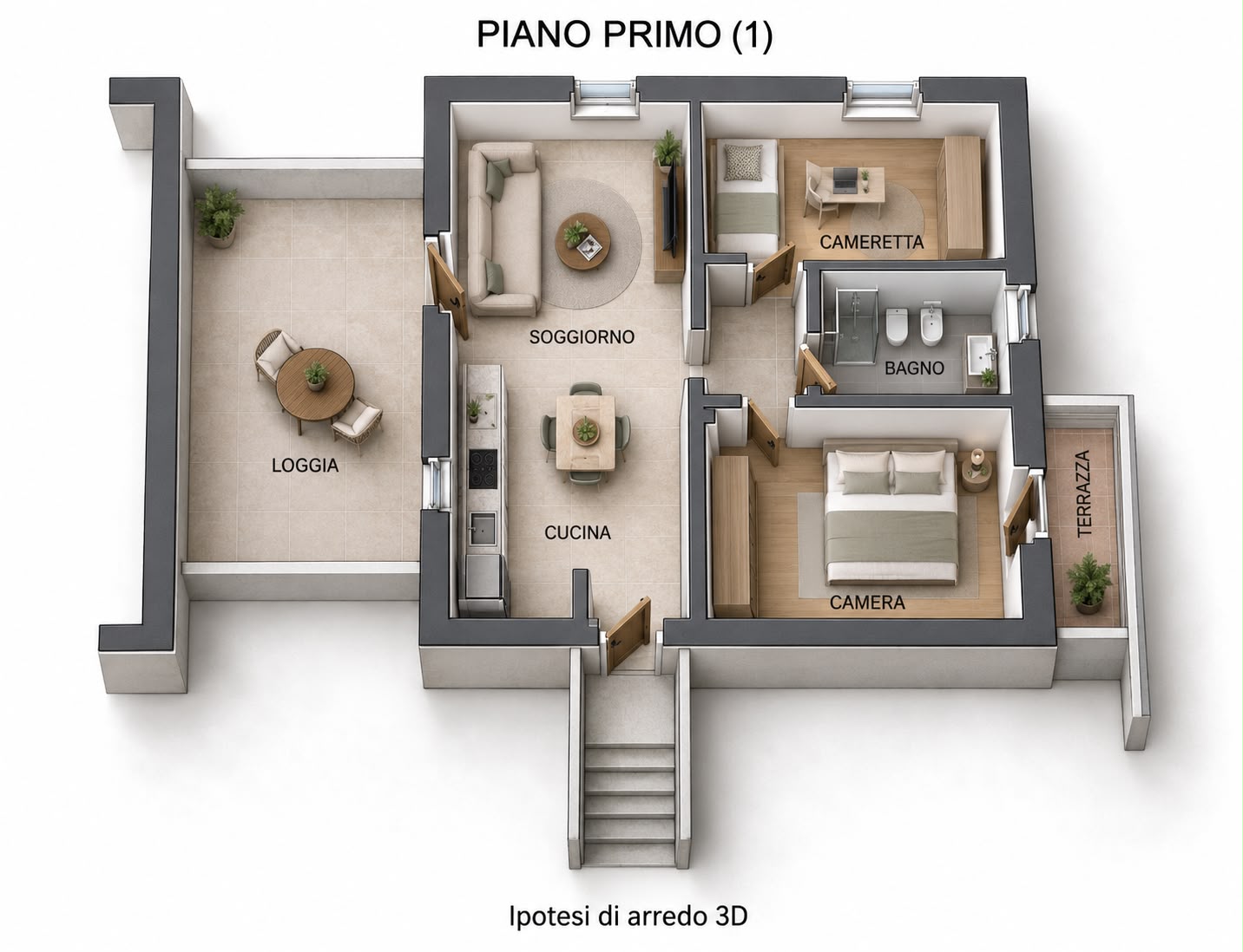 wohnung-verkauf-salo.jpg Illustrative furnished 3D floor plan showing two bedrooms, a living and kitchen area, bathroom, loggia and terrace.